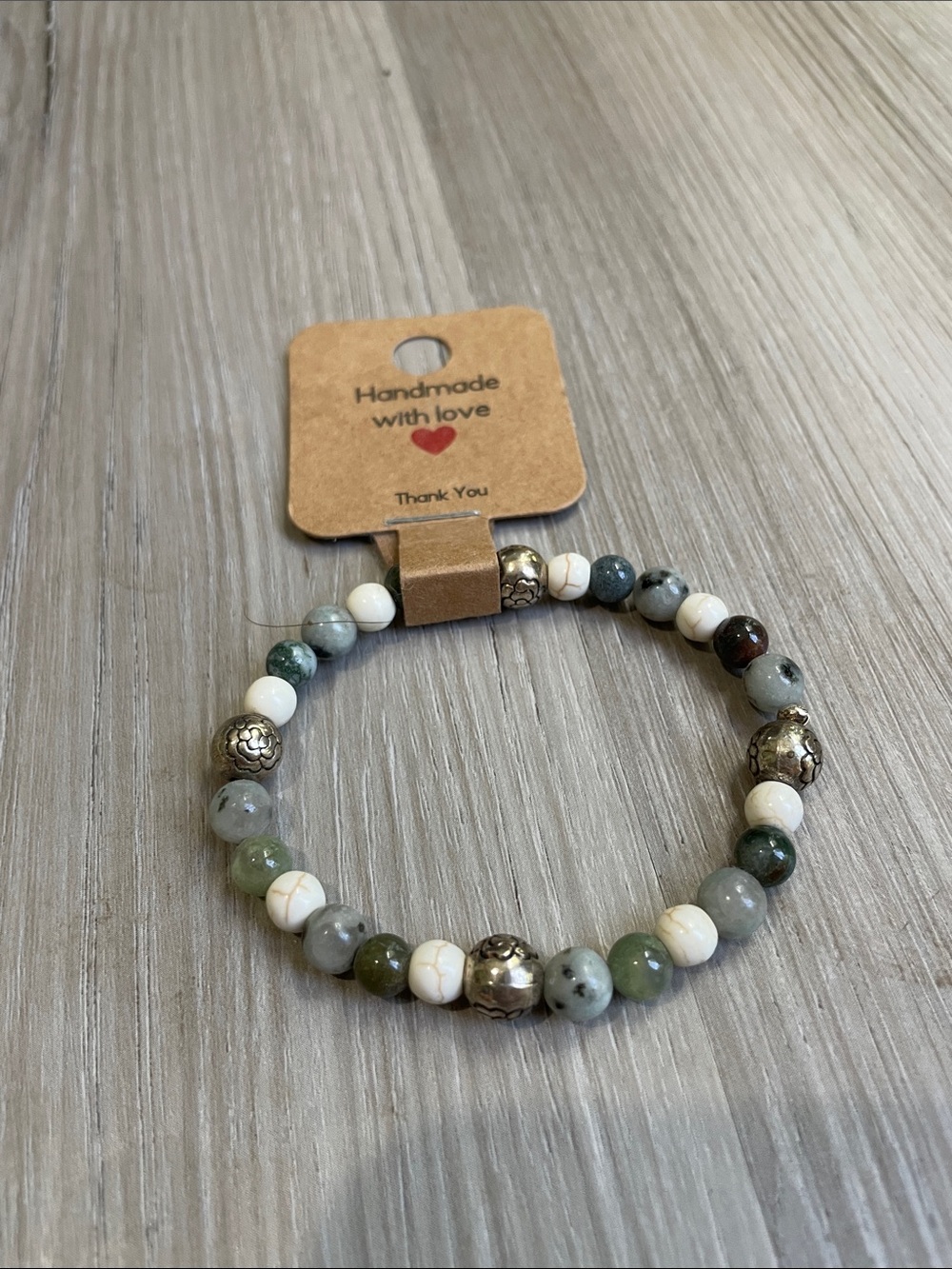 Handmade Green & White Beaded Stretch Bracelet with Gold Accents